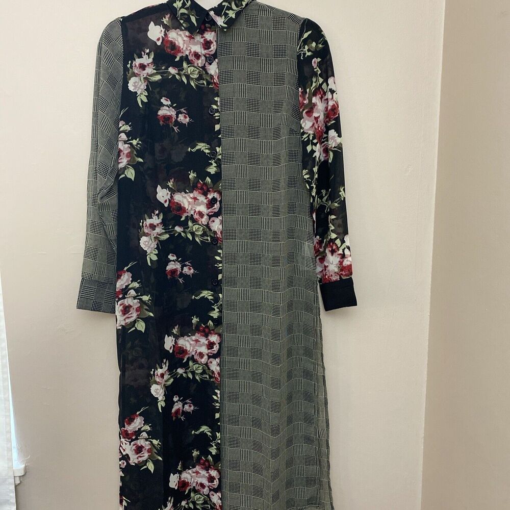 Curations Womens Shirt Dress Black Mixed Print Midi Long Sleeve Sheer XSP New